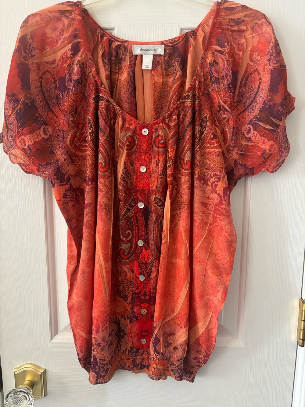 Dressbarn Orange and Red Paisley Button-Front Blouse